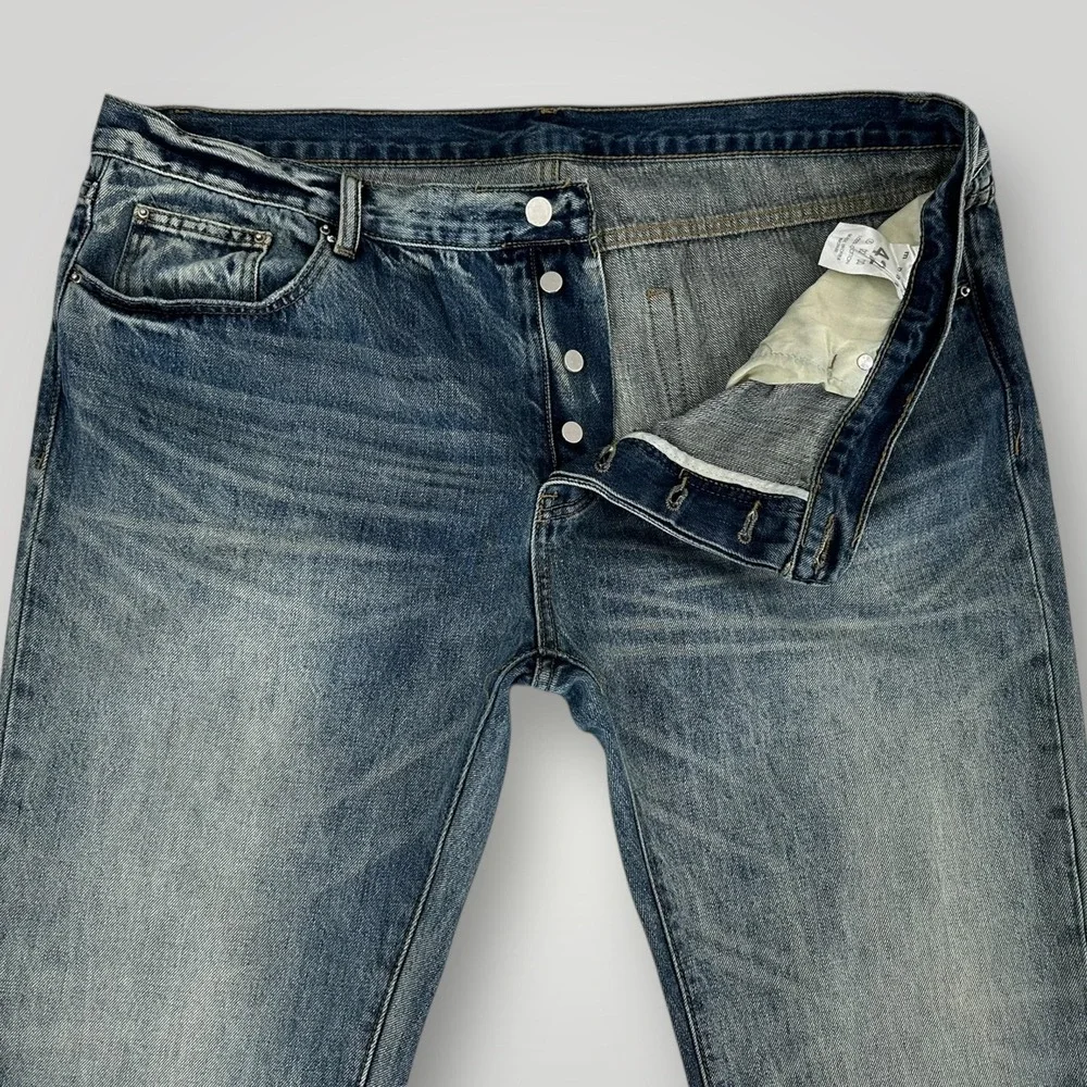 Mnml Jeans Mens 42 (43x34) Blue Medium Wash Tapered‎ Leg Button Fly Faded Denim